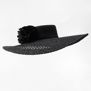 Zara Black Wide-Brim Straw Sun Hat with Floral Pom